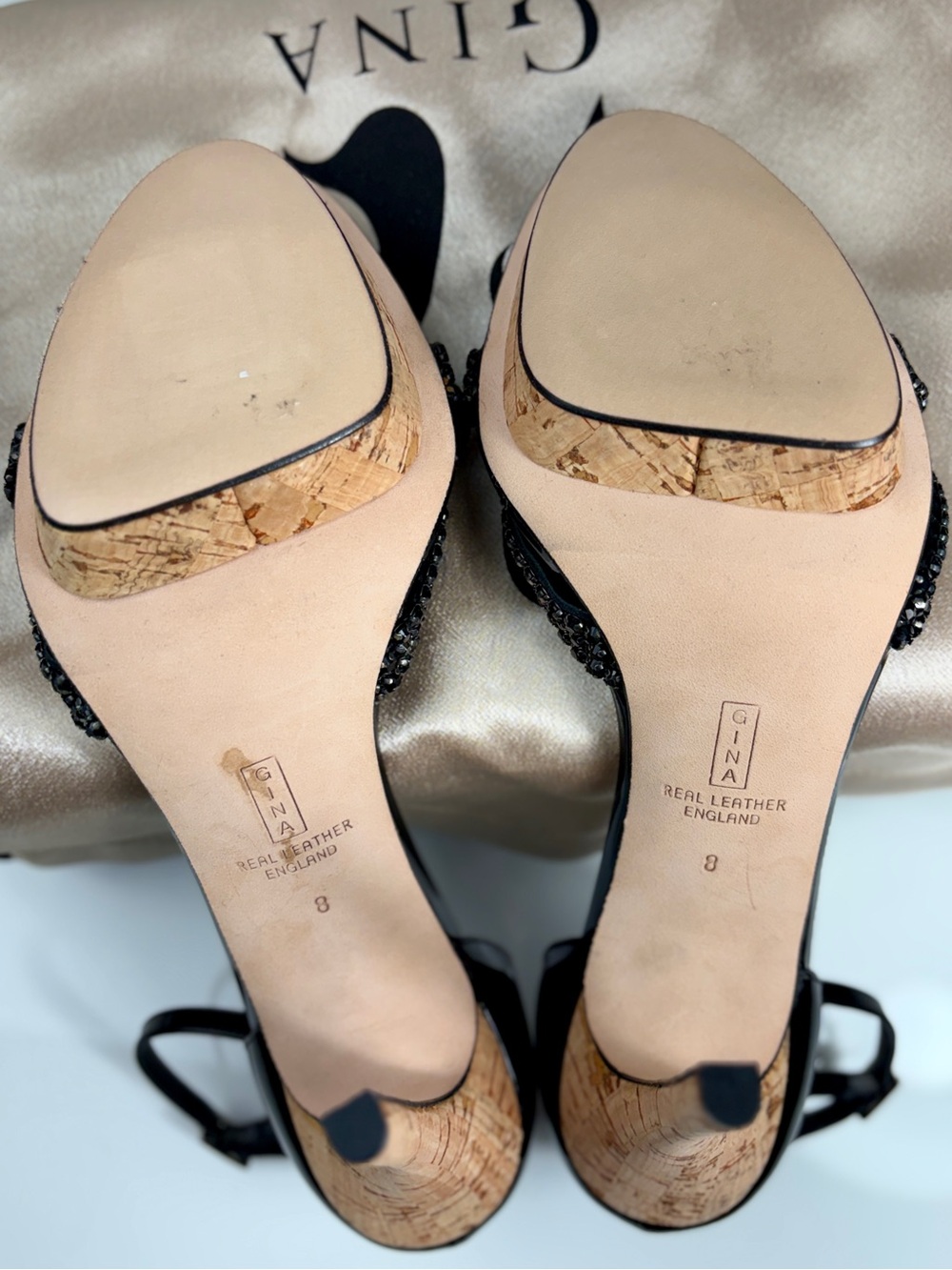 Gina Patent Leather 5” Cork Wrapped Platform Heel w/ Rhinestone Strap, Sz 11 - Picture 8 of 9